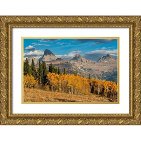 Garber, Howie 32x23 Gold Ornate Wood Framed with Double Matting Museum Art Print Titled - Landscape of Mt Owen-Grand Teton and Middle Teton from the west-golden fall foliage
