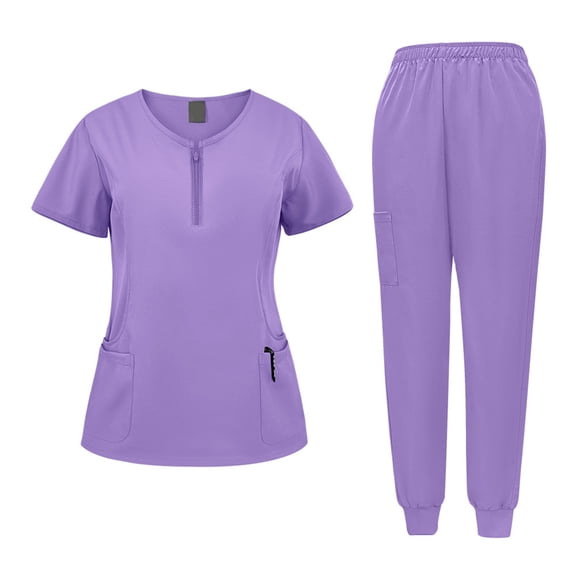 Garbnen 2-Pack Scrubs Set for Men and Women Unisex Stretch Zipper Short Sleeve Tops and Loose Pants Nurse Uniform with Pocket