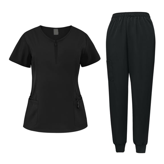 Garbnen 2-Pack Scrubs Set for Men and Women Unisex Stretch Zipper Short Sleeve Tops and Loose Pants Uniform Scrubs Suit for Unisex with Pocket