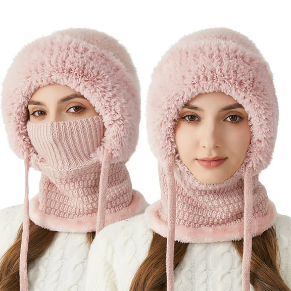 Garbnen 3 In 1 Beanie Hat with Scarf and Mask for Women Warm Knitted Beanie Hat Fleece-Lined Winter Ear Muff Beanie Ski Scarf and Mask Set, Pink 56-59 CM
