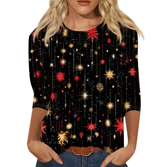 Garbnen 3/4 Length Sleeve Christmas Shirts for Women Santa Claus Prints Graphic Oversized Tshirts for Women Crew Neck Xmas Holiday Fall Winter S-5xl Plus Size Tunics or Tops To Wear with Leggings