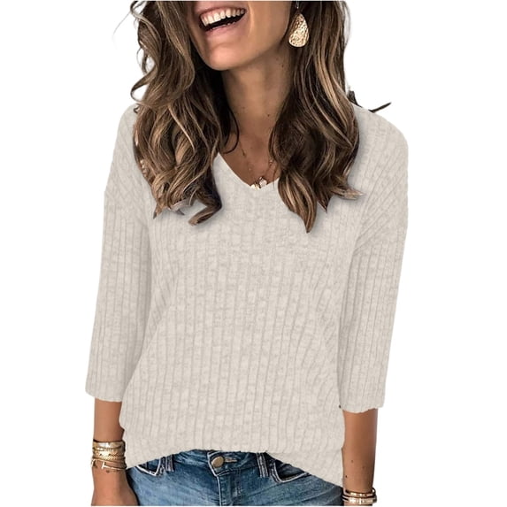 Garbnen 3/4 Length Sleeve Sweaters for Women V Neck Women's Pullover Sweaters Ribbed Fall Winter Warm Comfy Casual Fashion Tunic Tops Beige XXL