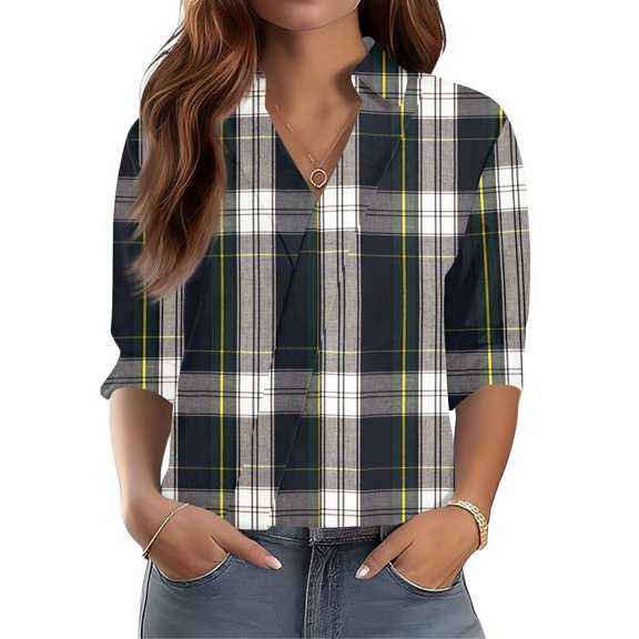 Garbnen 3/4 Length Sleeve Womens Tops Collared Spring Summer Plaid V Neck T Shirts for Women Dressy Casual Basic Womens Blouses