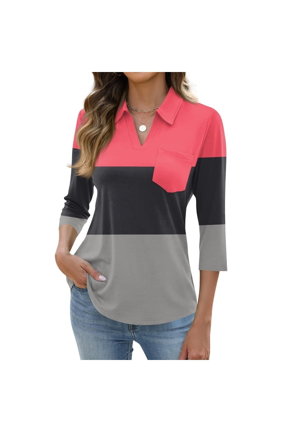3/4 Sleeve Polo Shirts for Women Color Block Turn Down Collar Womens Tops V Neck Fitted Spring Woman Tunic Tops with Front Pocket