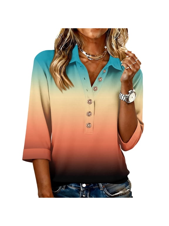 3/4 Sleeve Shirts for Women Fashion Gradient Henley Tops for Women Spring Summer Three Quarter Sleeve Button Blouses for Women