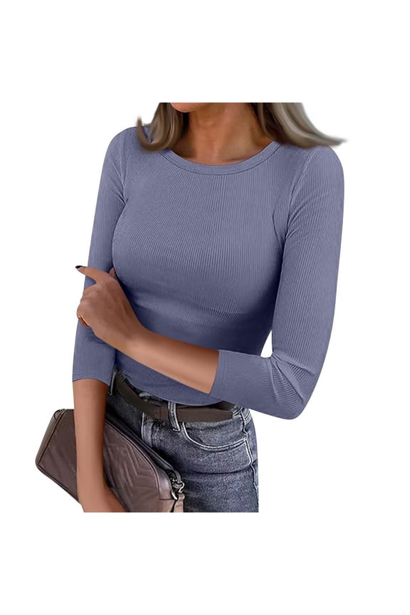 3/4 Sleeve Shirts for Women Ribbed Knit Slim Fitted Crew Neck Basic Tees for Women Spring Summer Fashion Tunics Tops for Women