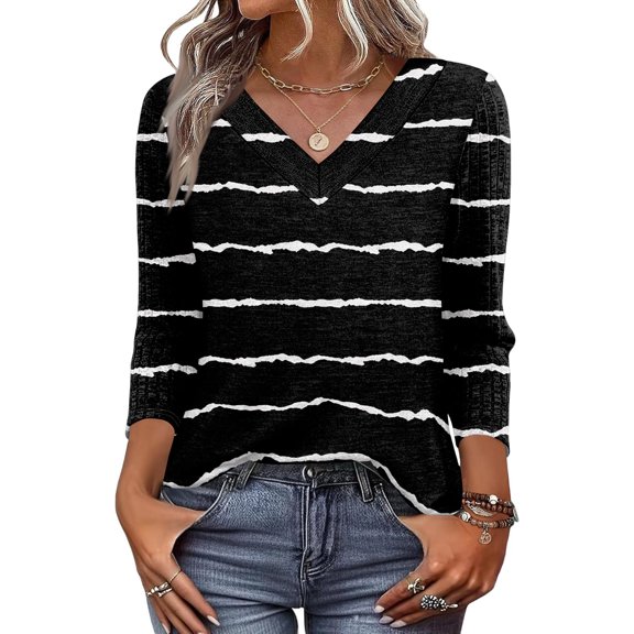 Garbnen 3/4 Sleeve Tops for Women Ribbed Knit Black and White Striped V Neck Sweater Women Three Quarter Length Sleeve Women Blouses
