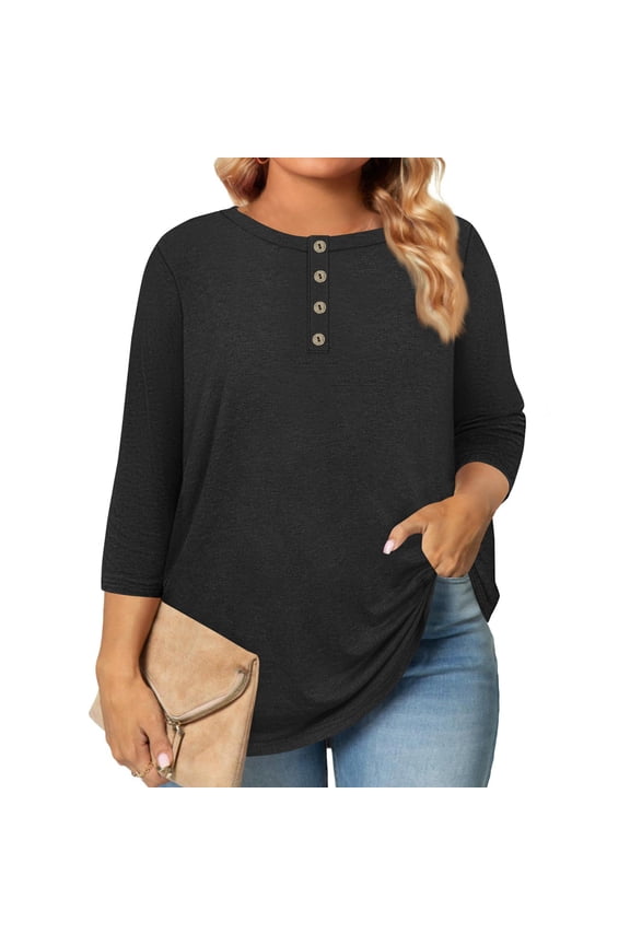 3/4 Sleeve Tshirts Shirts for Women Plus Size V Neck Button Up Henley Shirt Women Spring Three Quarter Sleeve Womens Blouse L-5XL