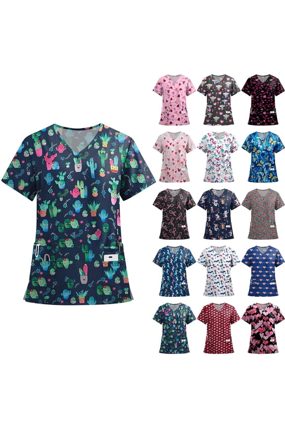 Animal Print Women's Scrub Tops Plus Size Stretch V Neck Short Sleeve Womens Tshirts Xmas Valentine's Day Holiday Prints Nursing Medical Uniform