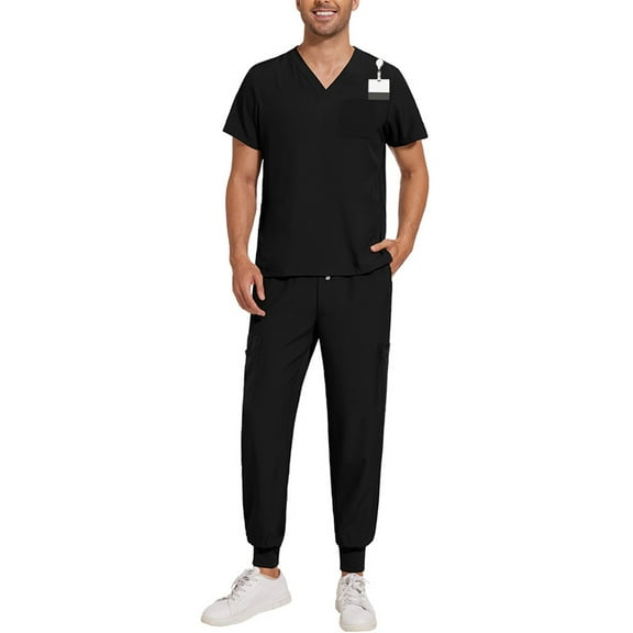 Garbnen Athletic Scrub Set for Men Stretch V-Neck Scrubs Tops & Cargo Pants Nurse Uniforms with Pockets