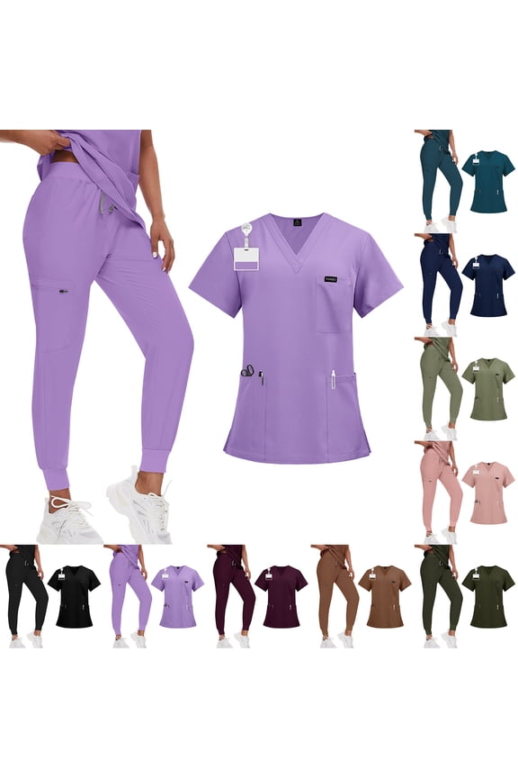 Athletic Scrub Set for Women Stretch V-Neck Short Sleeve Uniform Scrub Top & Jogger Pant Nurse Uniforms Women's Workwear Set with Pockets
