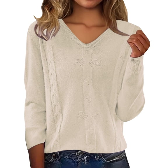 Garbnen Beige Women's Sweaters V Neck Trendy Knitted Long Sleeve Shirts Women Loose Spring Winter Cozy Pullover Trendy Tops