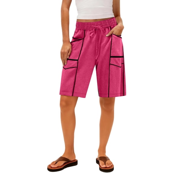 Garbnen Bermuda Women's Shorts Patchwork Curve Womens Biker Shorts Drawstring Striped Women Cargo Shorts with Multiple Pockets