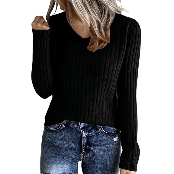 Garbnen Black Long Sleeve Shirt for Women Ribbed Knit V Neck Women's Sweater Slim Fit Spring Winter Basic Pullover Tops for Women