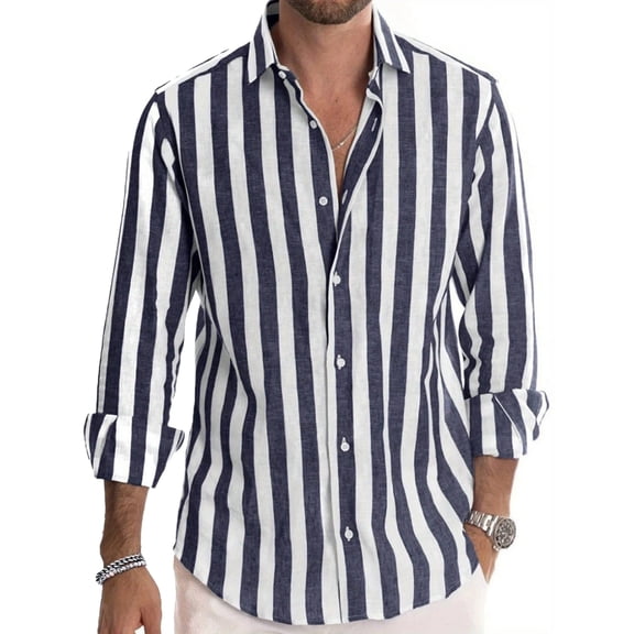 Garbnen Blue Men Striped Shirt Cotton Linen Men's Button Down Shirts Long Sleeve Regular Fit Spring Summer Men Beach Shirts