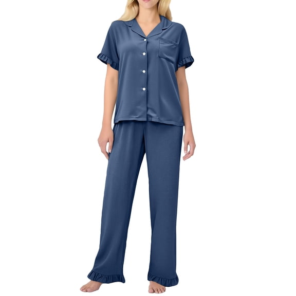 Garbnen Blue Pajama Sets for Women Short Sleeve Button Down Sleepwear Top and Pants Spring Summer Sleepwear 2 Pieces Clothes with Pocket