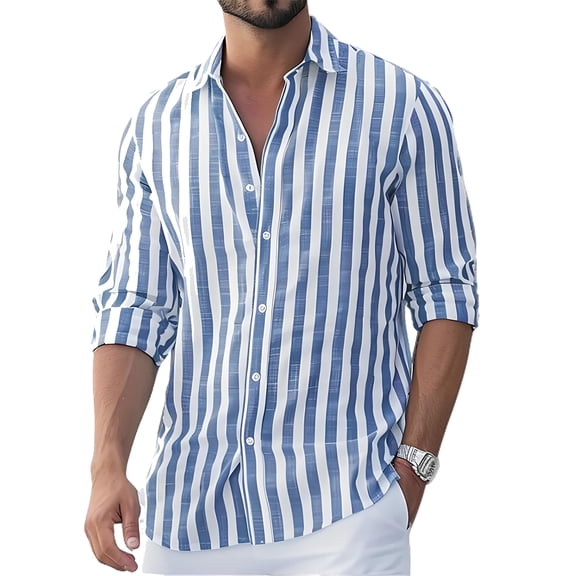 Garbnen Blue Striped Mens Shirt Cotton Linen Long Sleeve Button Down Shirts for Men Regular Fit Spring Summer Collared Shirt Men