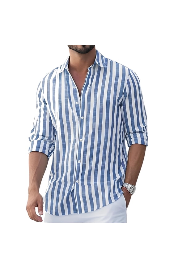 Blue Striped Shirt Mens Cotton Linen Long Sleeve Button Down Men Regular Fit Spring Summer Mens Collared Shirt