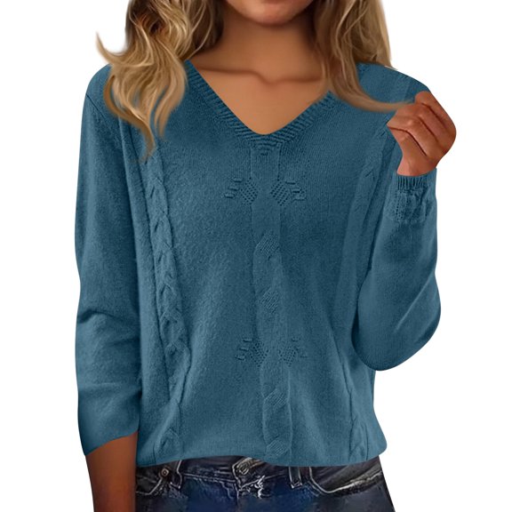 Garbnen Blue Sweaters for Women V Neck Trendy Knitted Womens Long Sleeve Shirt Loose Spring Winter Cozy Tunic Tops for Women