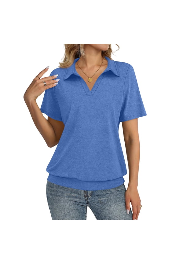 Blue Womens Polo Shirt Fitted Dressy Collared Short T Shirts for Women V Neck Spring Summer Business Women's Tunic Tops