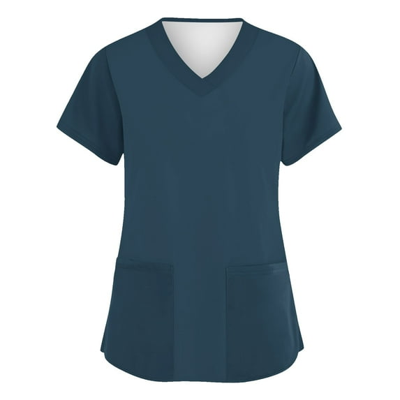 Garbnen Blue Womens Scrub Tops Stretch V Neck Short Sleeve Nurse Uniforms with Pocket Solid Color Womens Shirts Casual S-5XL