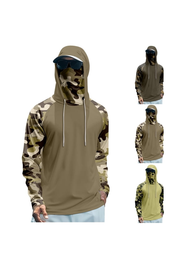Camo Long Sleeve T Shirt Men UPF 50+ Sun Protection Hooded with Mask Rash Guard Men Quick Dry Raglan Summer Outdoor Fishing Hiking Sun Shirts for Men Green XXL
