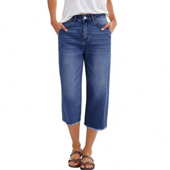 Garbnen Capri Jeans for Women Raw Hem High Waisted Jeans for Women Straight Leg Lightweight Trendy Outdoor Denim Capris Pants for Women with Pockets Blue L