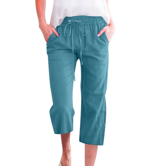Garbnen Capri Pants Women Drawstring Summer Elastic Waist Linen Pant Women Travel Beach Straight Leg Women Trouser with Pocket