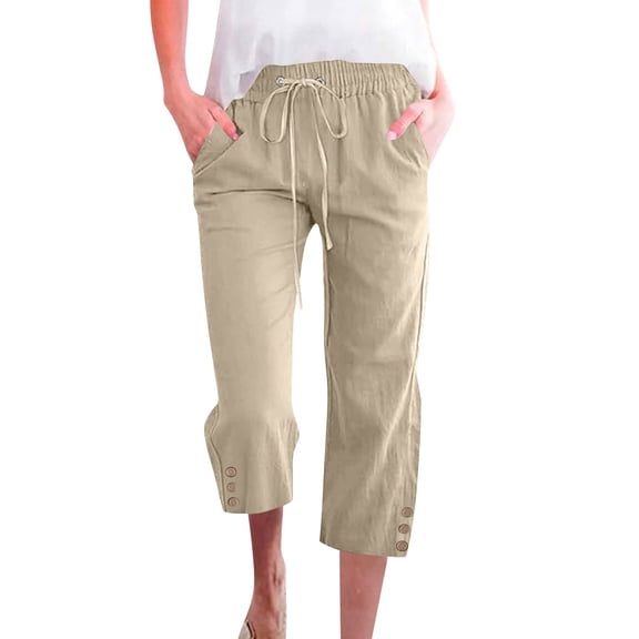 Garbnen Capri Pants Women Elastic Waist Summer Drawstring Linen Pant Women Vacation Straight Leg Beach Trouser Pants Women with Pocket