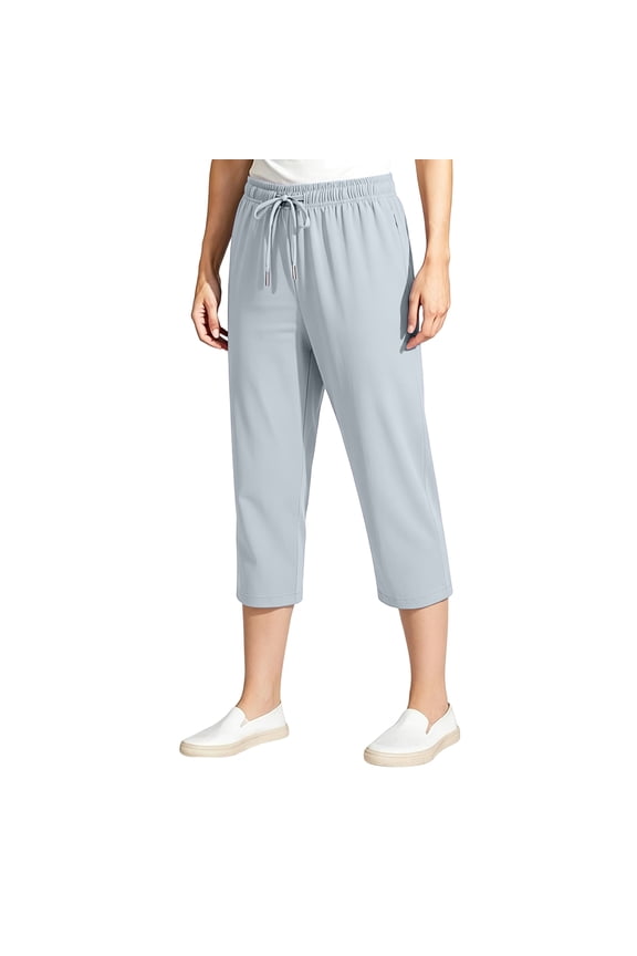 Capris Pants for Women Ice Silk Elastic Waist Straight Leg Hiking Pants for Women Drawstring Lightweight Palazzo Flowy Travel Going Out Women Trouser with Pockets