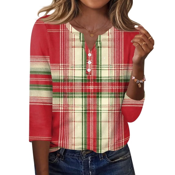 Garbnen Christmas 3/4 Sleeve T Shirts for Women Novelty Christmas Graphic Henley Shirts Button Xmas Holiday Fall Winter Relaxed Fit Womens Tops