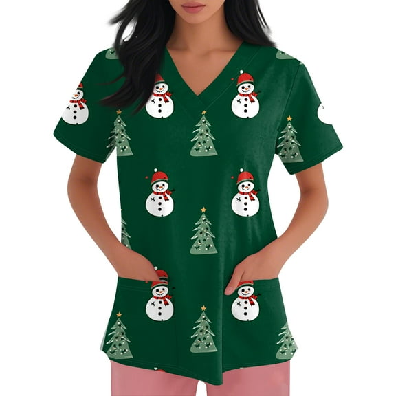 Garbnen Christmas Fitted Scrub Tops Women Stretchy V Neck Short Sleeve Nursing Tops Thanksgiving Holiday Nurse Working Uniforms with Pockets S-5XL