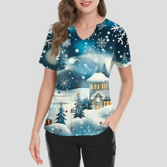 Garbnen Christmas Fitted Scrub Tops Women Stretchy V Neck Short Sleeve Womens Tops Holiday Print Nurse Working Uniforms with Pockets S-5XL