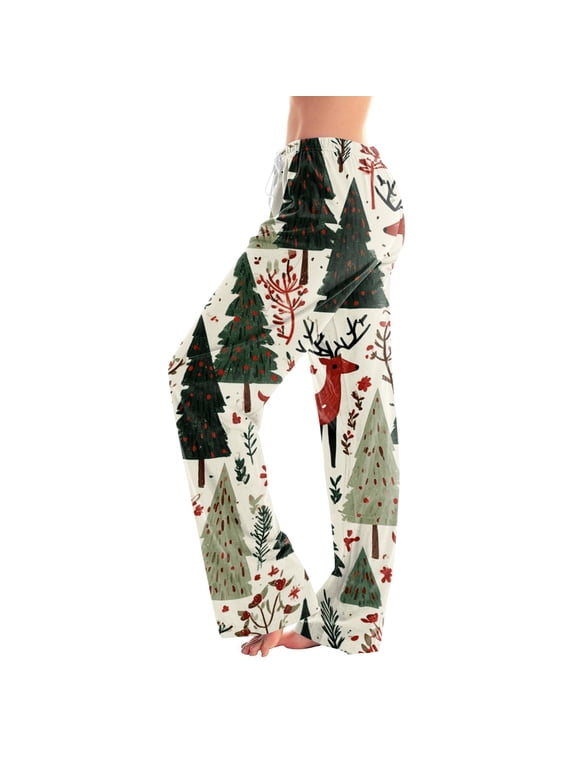 Christmas Pj Pants Merry Christmas Tree Womens Sleep Pants Elastic Waist Wide Leg Xmas Holiday Drawstring Fall Winter Casual Pants for Women