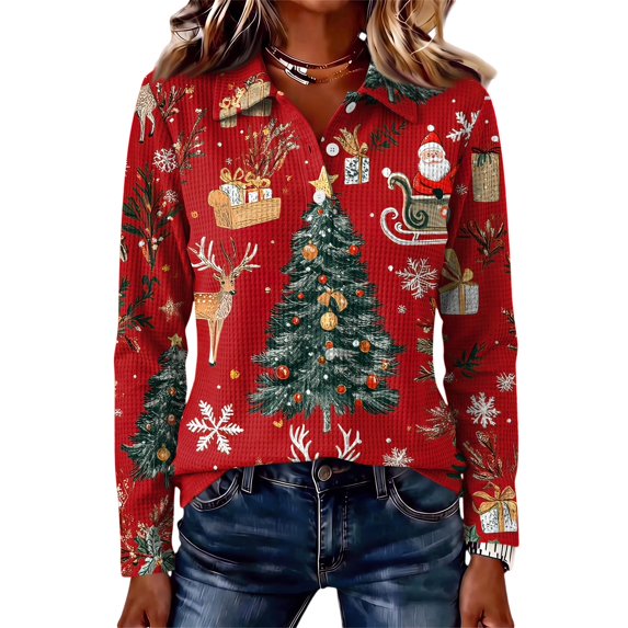 Garbnen Christmas Polo Shirts for Women Merry Christmas Tree Ladies Golf Shirts Xmas Holiday Waffle Knit Button Down Long Sleeve Fall Winter Relaxed Fit Womens Blouses