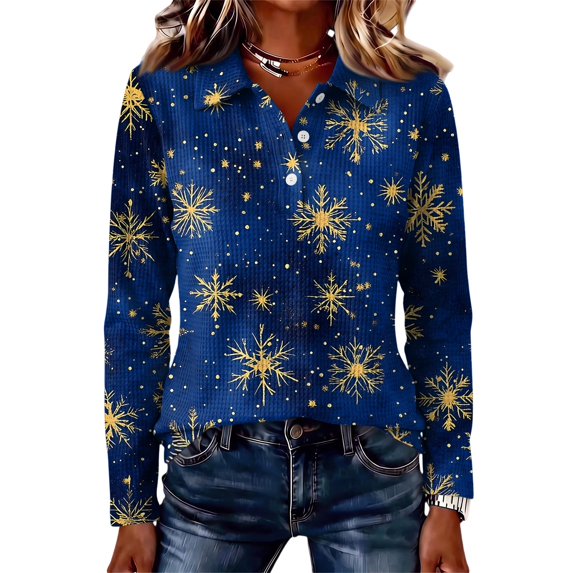 Garbnen Christmas Polo Shirts for Women Snowflake Graphic Womens Golf Shirts Xmas Holiday Waffle Knit Button Down Long Sleeve Fall Winter Relaxed Fit Y2k Tops for Women