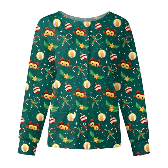 Garbnen Christmas Scrub Jacket for Women Christmas Snowman Graphic Work Shirt Women Cute Fall Winter Merry Xmas Snap Front Warm Up Uniforms Scrubs for Women with Pockets S-5XL