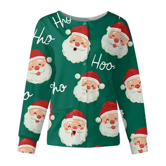 Garbnen Christmas Scrub Jacket for Women Santa Claus Print Womens Tops Workwear Fall Winter Funny Merry Xmas Warm Up Snap Front Nurses Uniforms Scrubs for Women with Pockets S-5XL