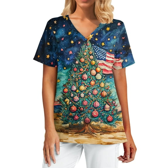 Garbnen Christmas Scrub Top Funny Xmas Printed V Neck Short Sleeve Fall Scrub Top for Women Nursing Uniform with Pocket S-5XL