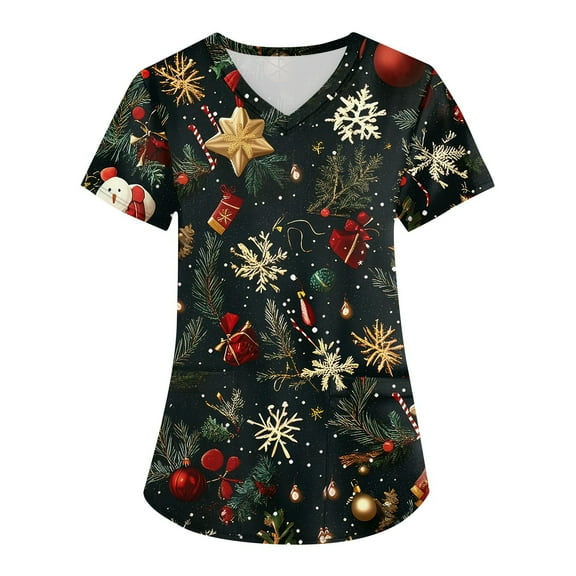 Garbnen Christmas Scrub Top Funny Xmas Printed V Neck Short Sleeve Fall Scrubs for Women Workwear Nurses Working Uniforms with Pocket S-5XL