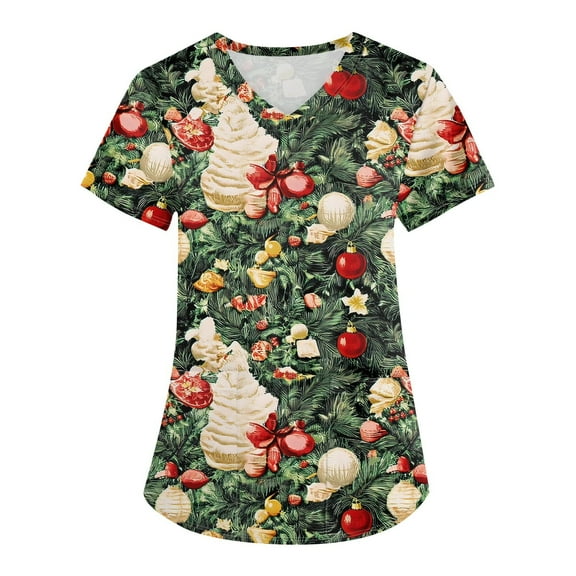Garbnen Christmas Scrub Top Funny Xmas Printed V Neck Short Sleeve Fall Women Scrub Top Nurses Working Uniforms with Pocket S-5XL