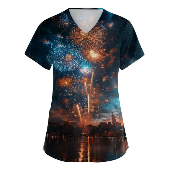 Garbnen Christmas Scrub Top Women Plus Size Stretchy Happy New Year 2026 Nurse Uniform with Pocket V Neck Short Sleeve Women Scrub Top S-5XL