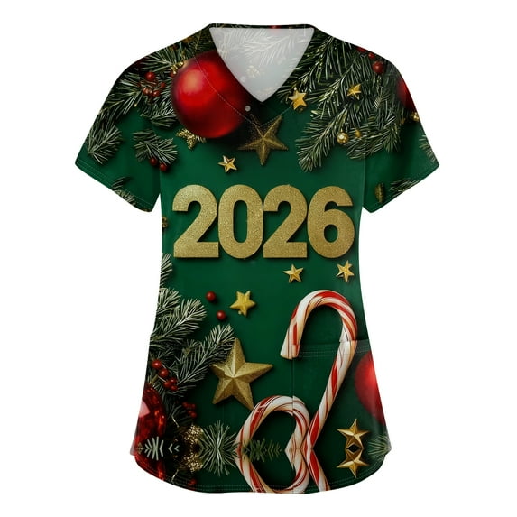 Garbnen Christmas Scrub Top Women Plus Size Stretchy Happy New Year 2026 Nurse Uniforms with Pocket V Neck Short Sleeve Scrubs for Women Workwear S-5XL