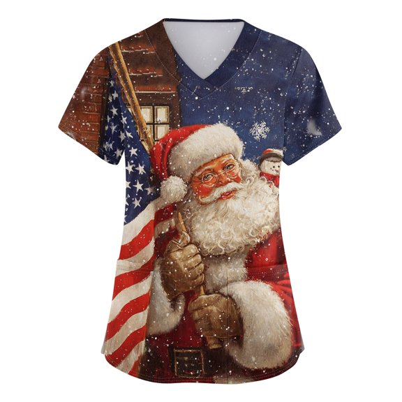 Garbnen Christmas Scrub Top Women Plus Size Stretchy Santa Claus Print Nurse Uniform with Pocket V Neck Short Sleeve Scrubs for Women S-5XL