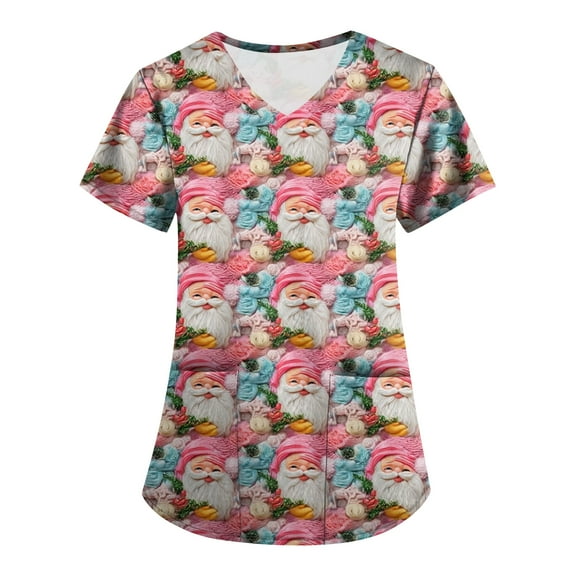 Garbnen Christmas Scrub Top for Women V Neck Short Sleeve Plus Size Tops Holiday Print Nurse Uniform with Pockets S-5XL