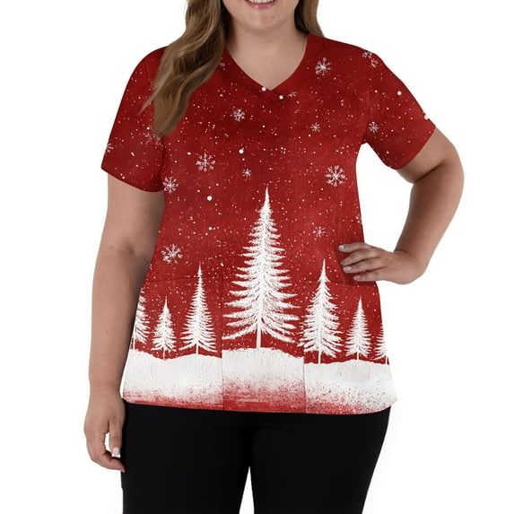 Garbnen Christmas Scrub Top for Women V Neck Short Sleeve Workout Top Xmas Printed Nurse Uniform with Pockets S-5XL
