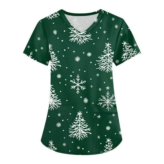 Garbnen Christmas Scrub Tops Funny Xmas Printed V Neck Short Sleeve Fall Scrub Tops for Women Fitted Nursing Uniform with Pocket S-5XL
