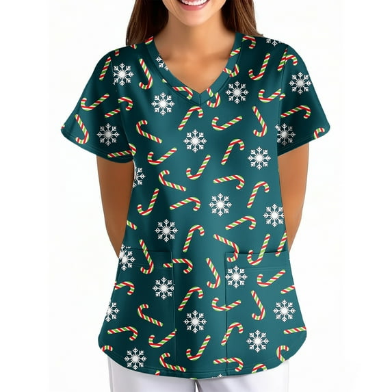 Garbnen Christmas Scrub Tops V Neck Short Sleeve Womens Workout Tops Thanksgiving Holiday Nurse Uniform with Pockets S-5XL