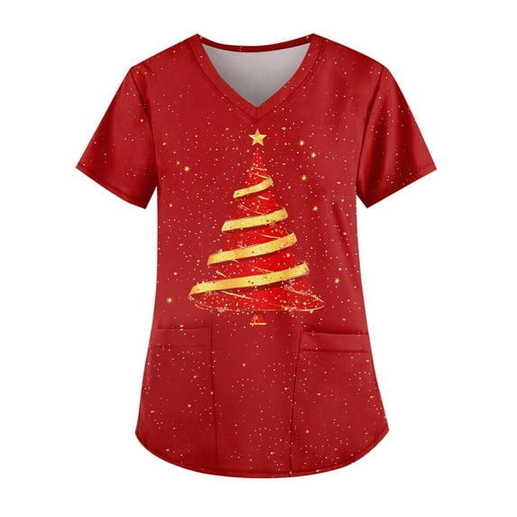 Garbnen Christmas Scrub Tops Woman Funny Xmas Printed V Neck Short Sleeve Fall Scrub Tops for Women Fitted Nurse Uniforms with Pocket S-5XL