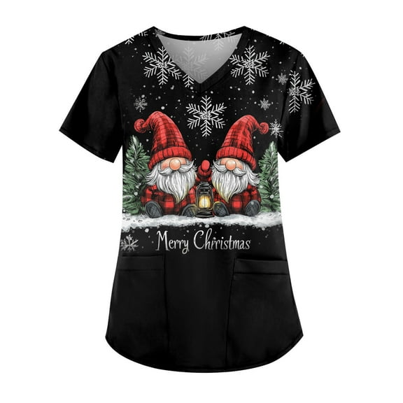 Garbnen Christmas Scrub Tops Woman Funny Xmas Printed V Neck Short Sleeve Fall Womens Scrub Top Nurse Uniforms with Pocket S-5XL
